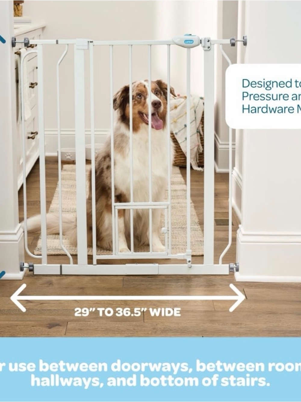 White Pressure-Mount Dog Gate with Small Pet Door